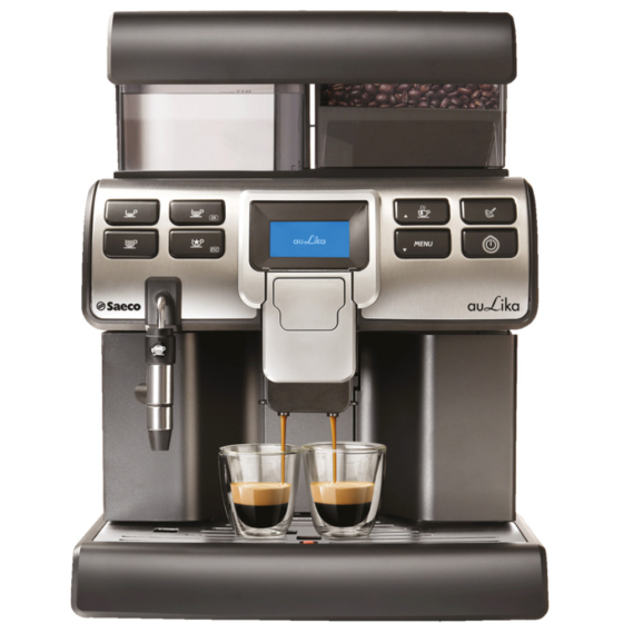 silbern schwarzer Profi-Kaffeevollautomat Saeco Provenero Aulika mit 2 Gläsern Kaffee