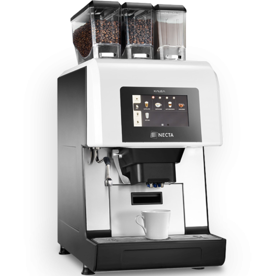 silbern schwarzer Profi-Kaffeevollautomat mit 3 Bohnen/Pulverbehältern und großem Touchscreen Display